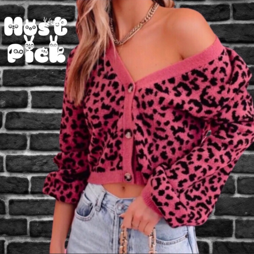 Pink Leopard Print V Neck Cropped Cardigan Sweater Medium